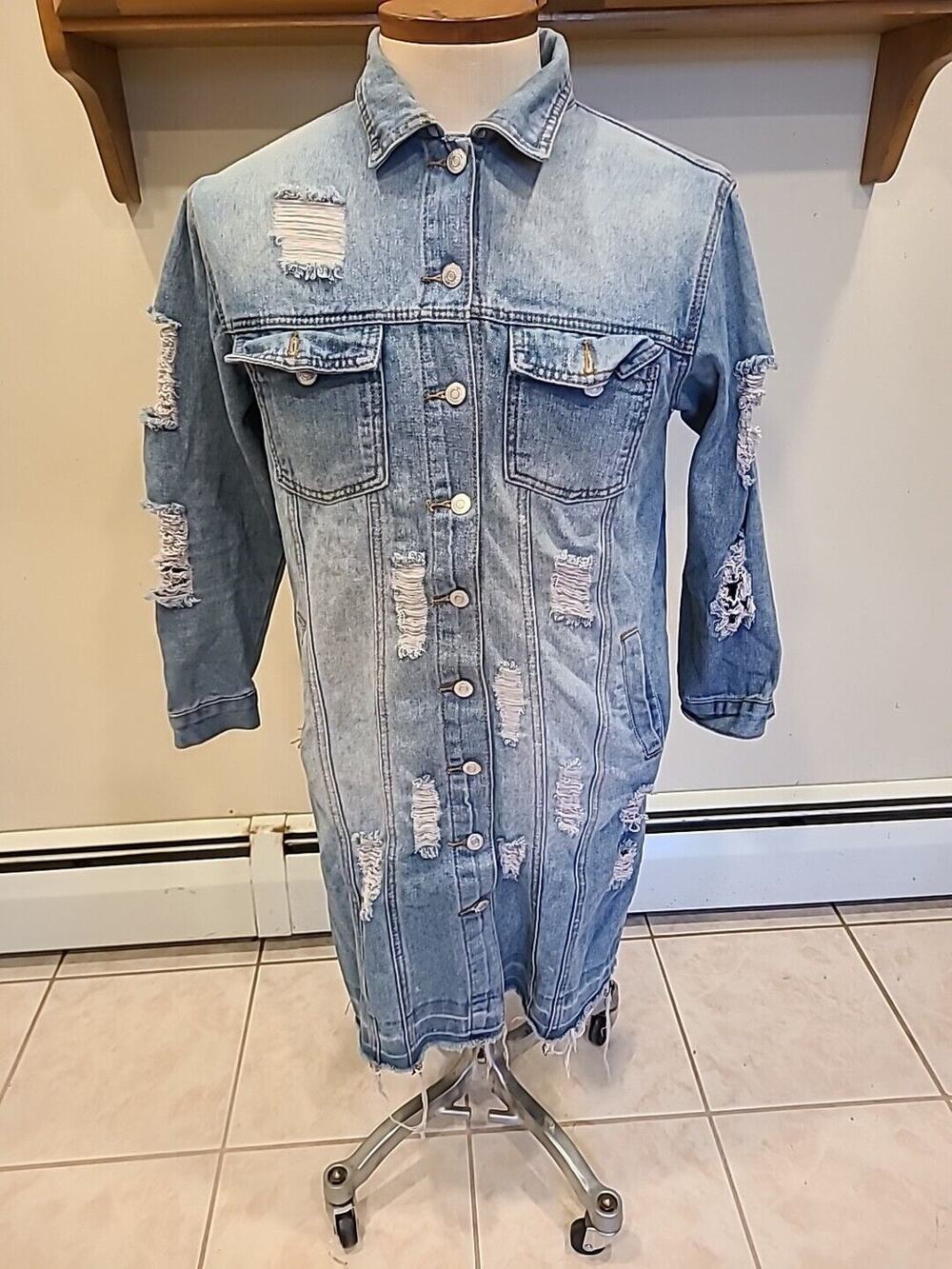 Thrill Jeans Dress Womans Small Distressed Button Front Long Y2K 90s Denim Maxi